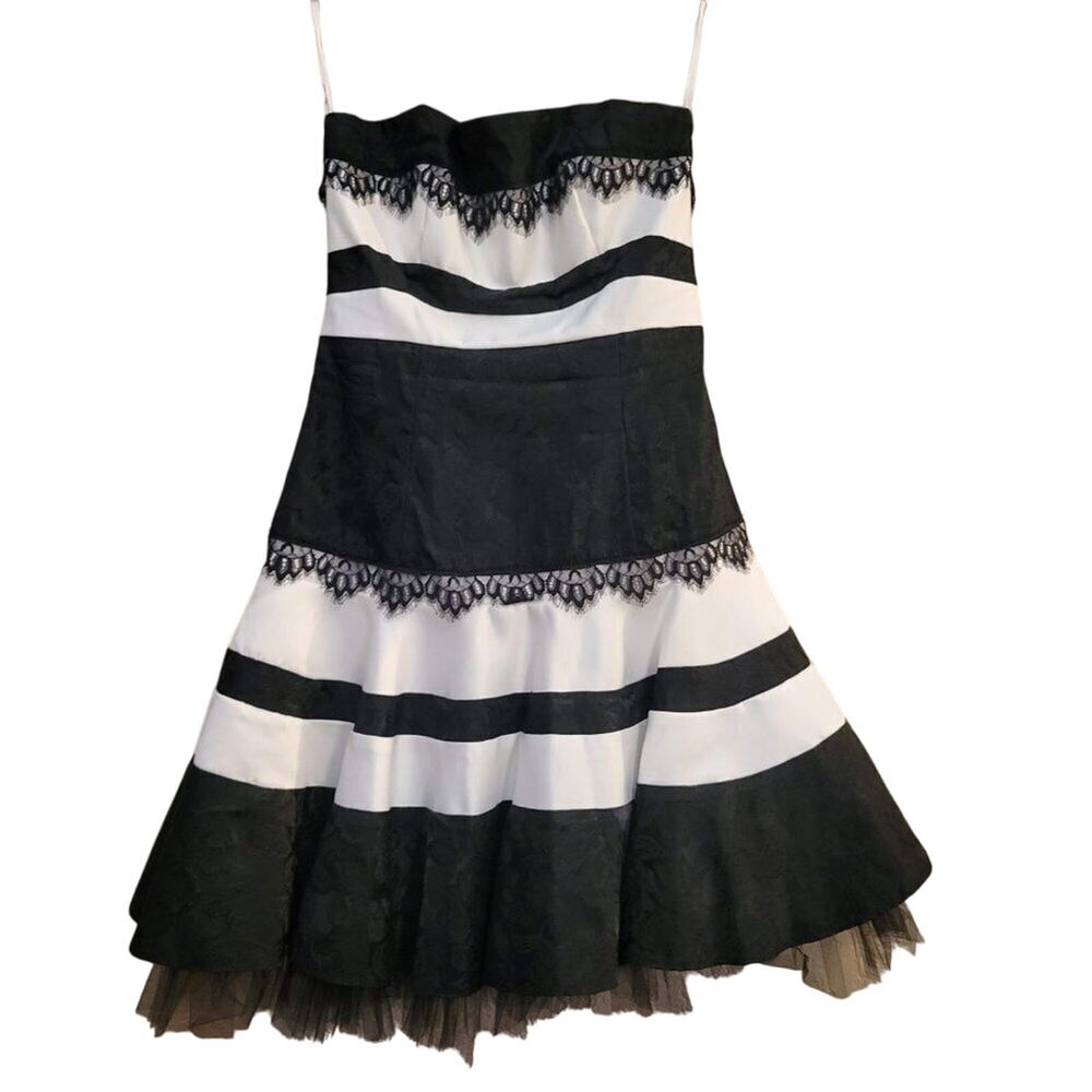 Jessica McClintock Strapless Black White Striped Lace Brocade Party Dress 4